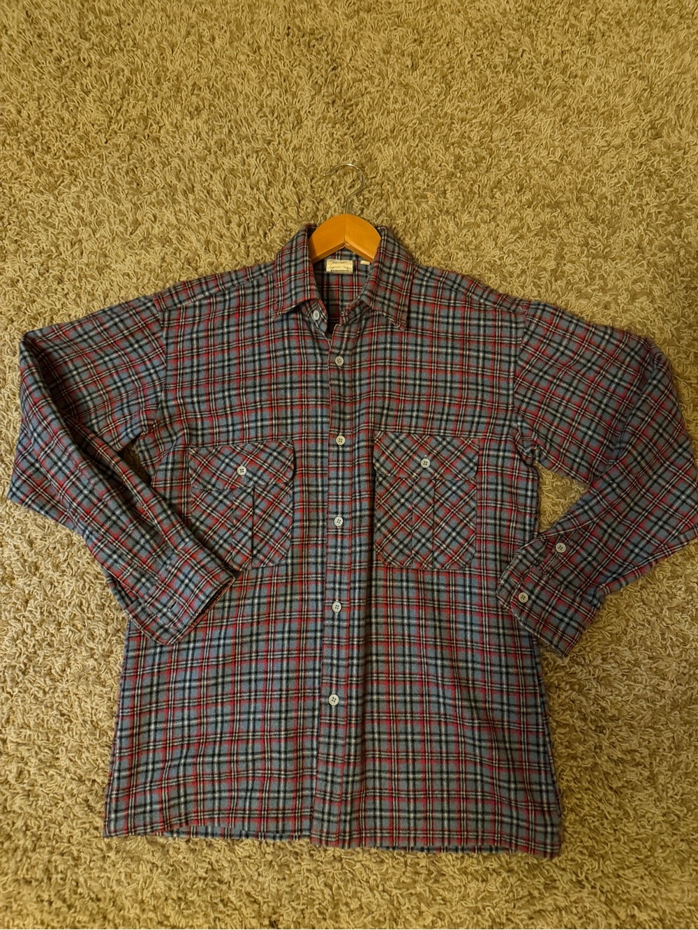 Vintage JUN Well-Fitted Plaid Flannel Button Down Shirt Medium Blue Red Wool